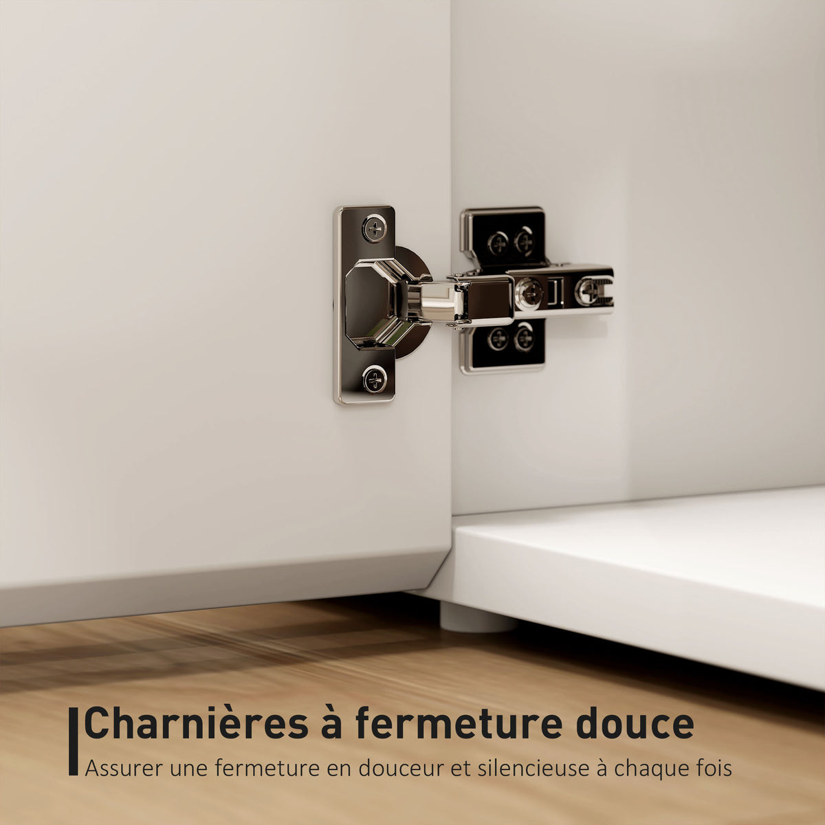 Meuble TV, banc TV avec 4 portes à fermeture amortie, étagère réglable et passe-câbles, 135 x 38 x 45 cm, blanc-4