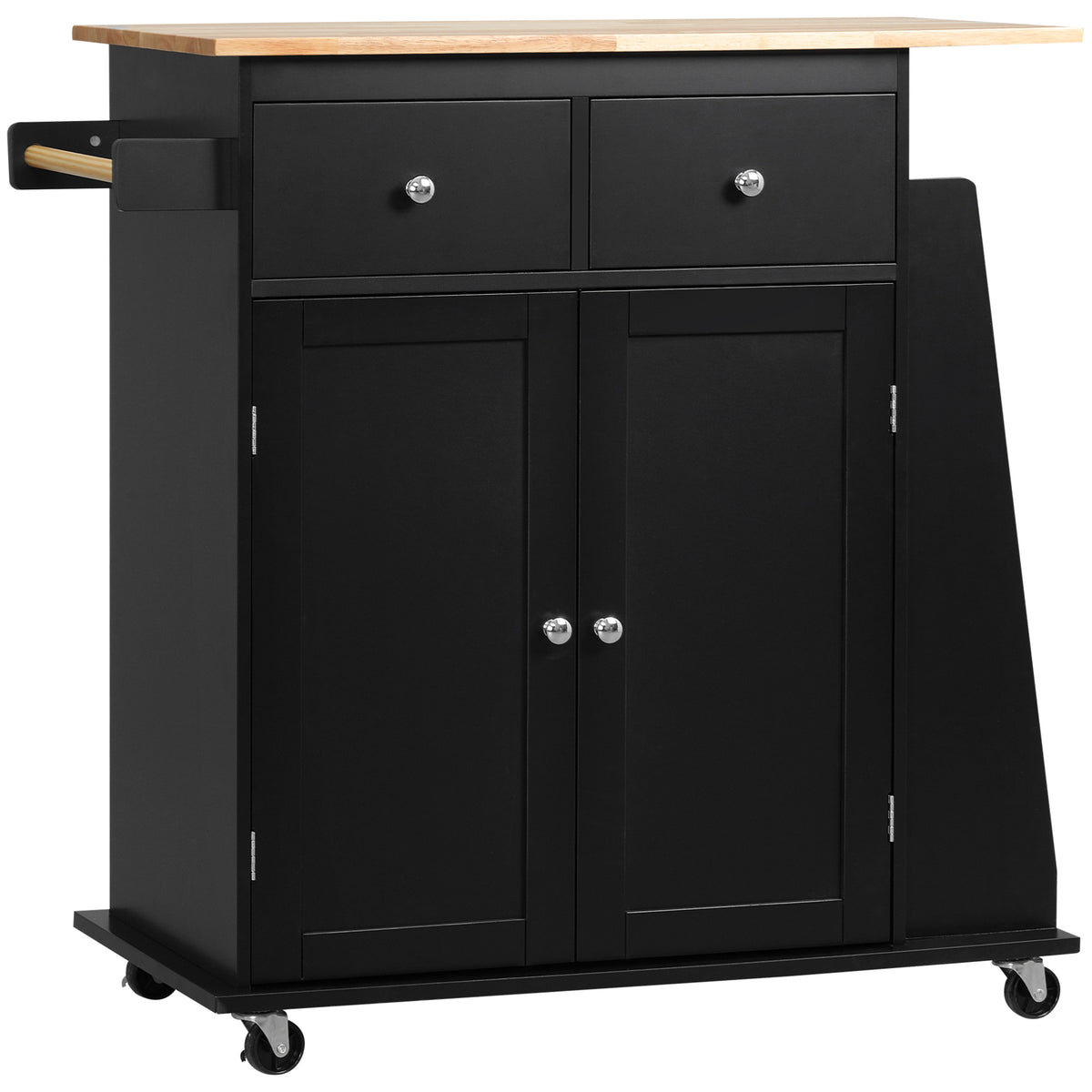 Desserte de cuisine ilôt cuisine avec plan de travail étagère range-bouteilles porte-torchons 2 tiroirs placard 2 portes MDF noir hévéa-0
