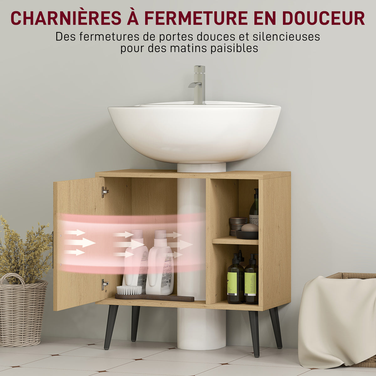 Meuble sous lavabo salle de bain avec porte à fermeture progressive et étagère réglable, 60 x 30 x 59,5 cm, chêne-4