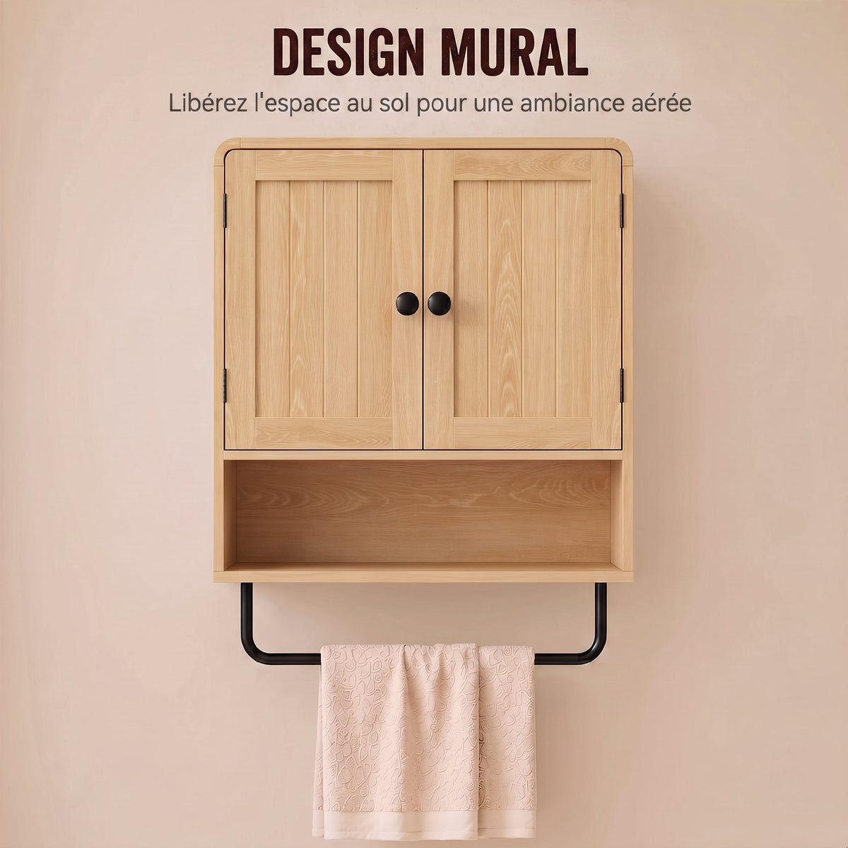 Armoire murale de salle de bain, meuble de rangement suspendu avec 2 portes, étagère ouverte, porte-serviettes, chêne-4