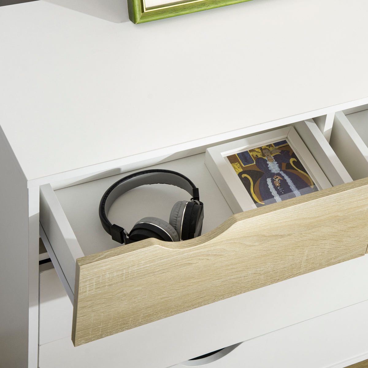 Commode 5 tiroirs Design scandinave Meuble de Rangement Chambre Panneau de Particules 99 x 39 x 101 cm Blanc Aspect chêne Clair-6