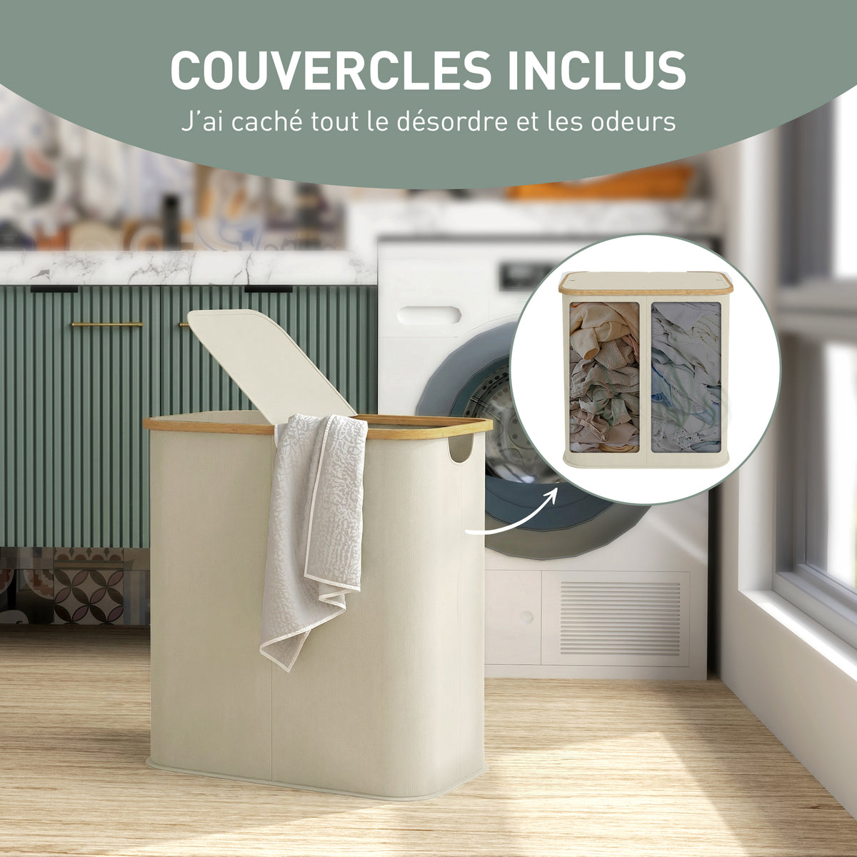 Panier à linge double pliable 80 L corbeille à linge sale avec couvercle, poignées rainurées, beige-4