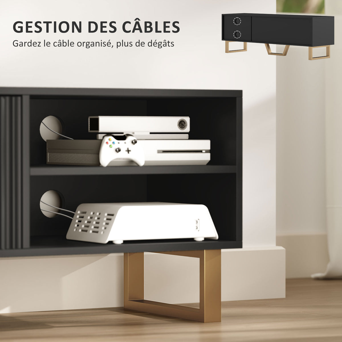 Meuble TV banc TV pour téléviseur jusqu'à 70 pouces - placard à 2 portes cannelées, compartiment ouvert et passe-câbles-5