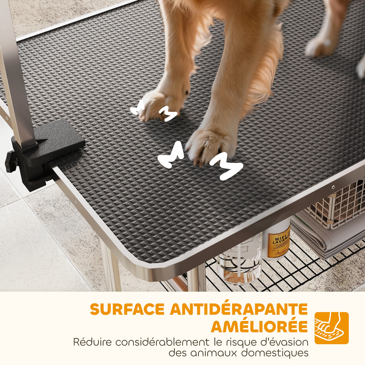 Table de toilettage pour chien pliante potence H-forme inox réglable 2 sangles panier 107 x 60 x 164 cm noir-6