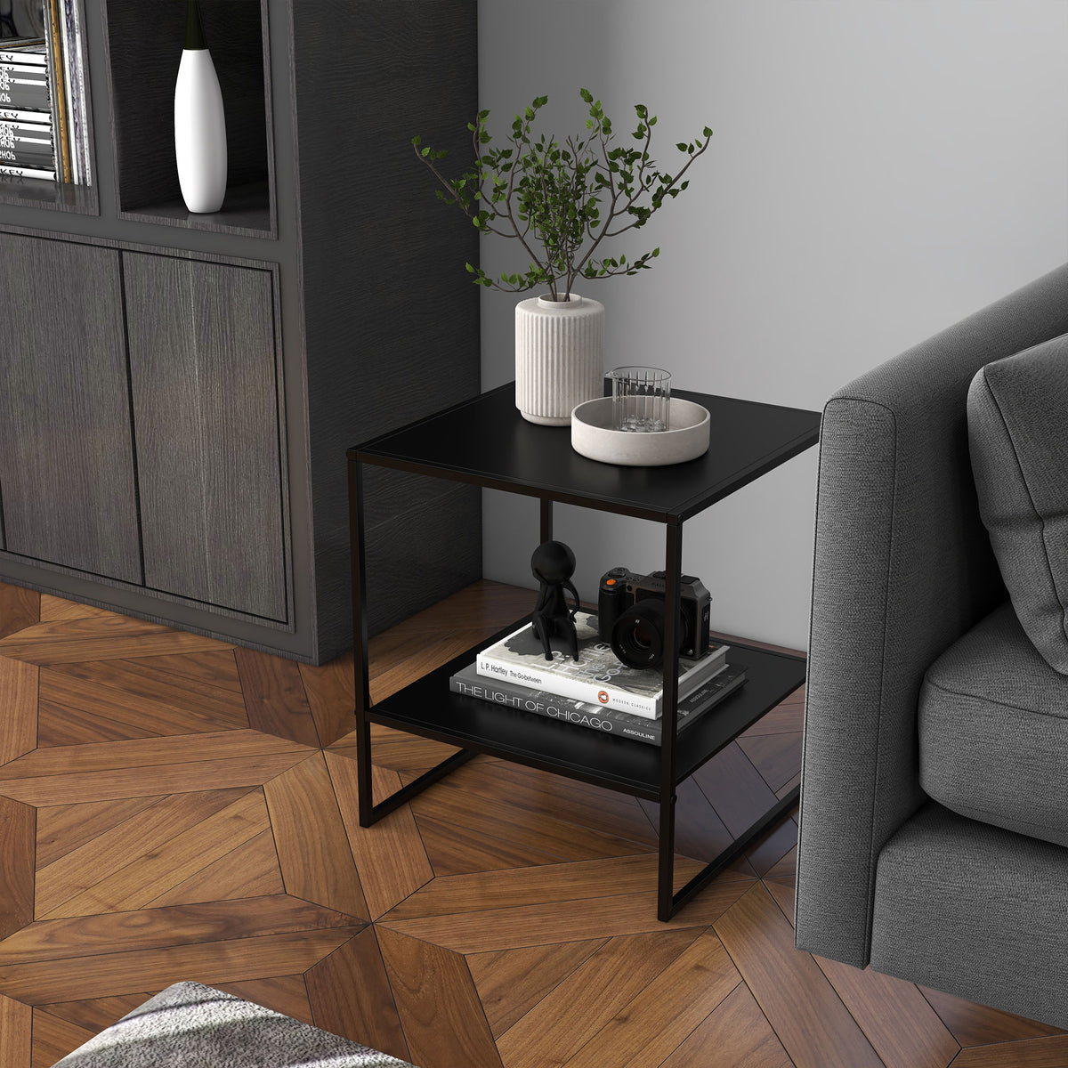 Table basse d'appoint carrée style industriel en métal noir avec une étagère - 40 x 40 x 45 cm noir-1