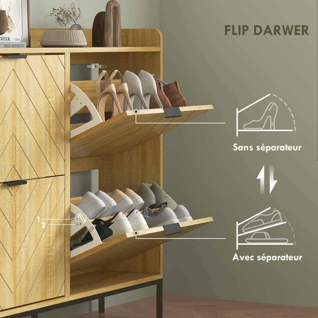 Meuble à chaussures 16 paires avec 4 tiroirs, portes rabattables, étagères réglables, 110 x 23,5 x 95,5 cm, chêne-4