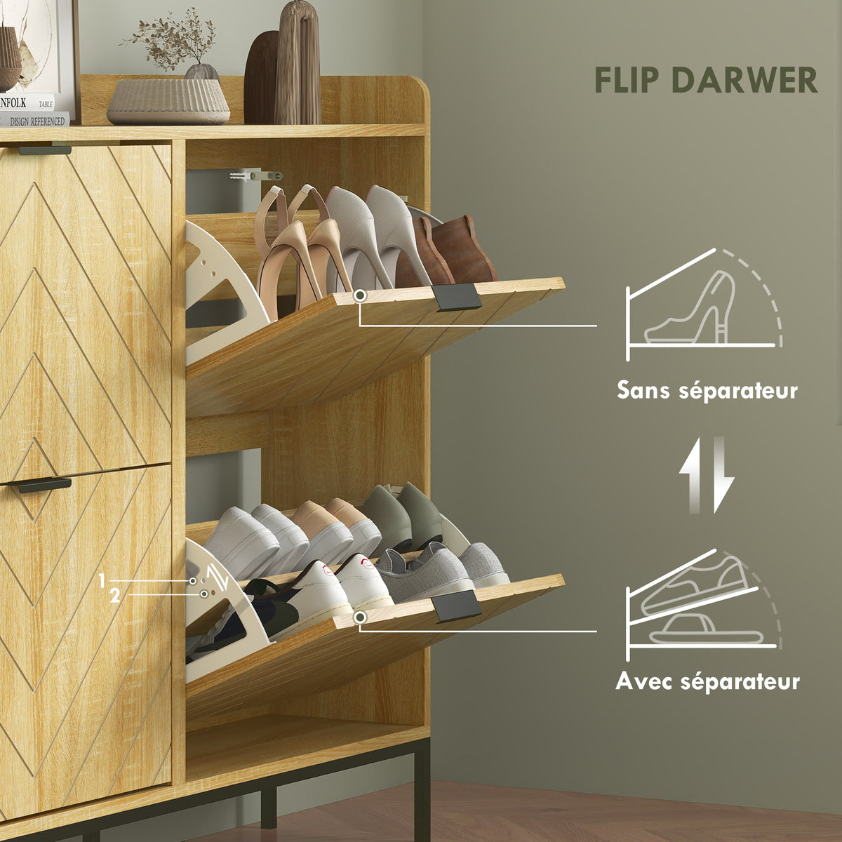 Meuble à chaussures 16 paires avec 4 tiroirs, portes rabattables, étagères réglables, 110 x 23,5 x 95,5 cm, chêne-4