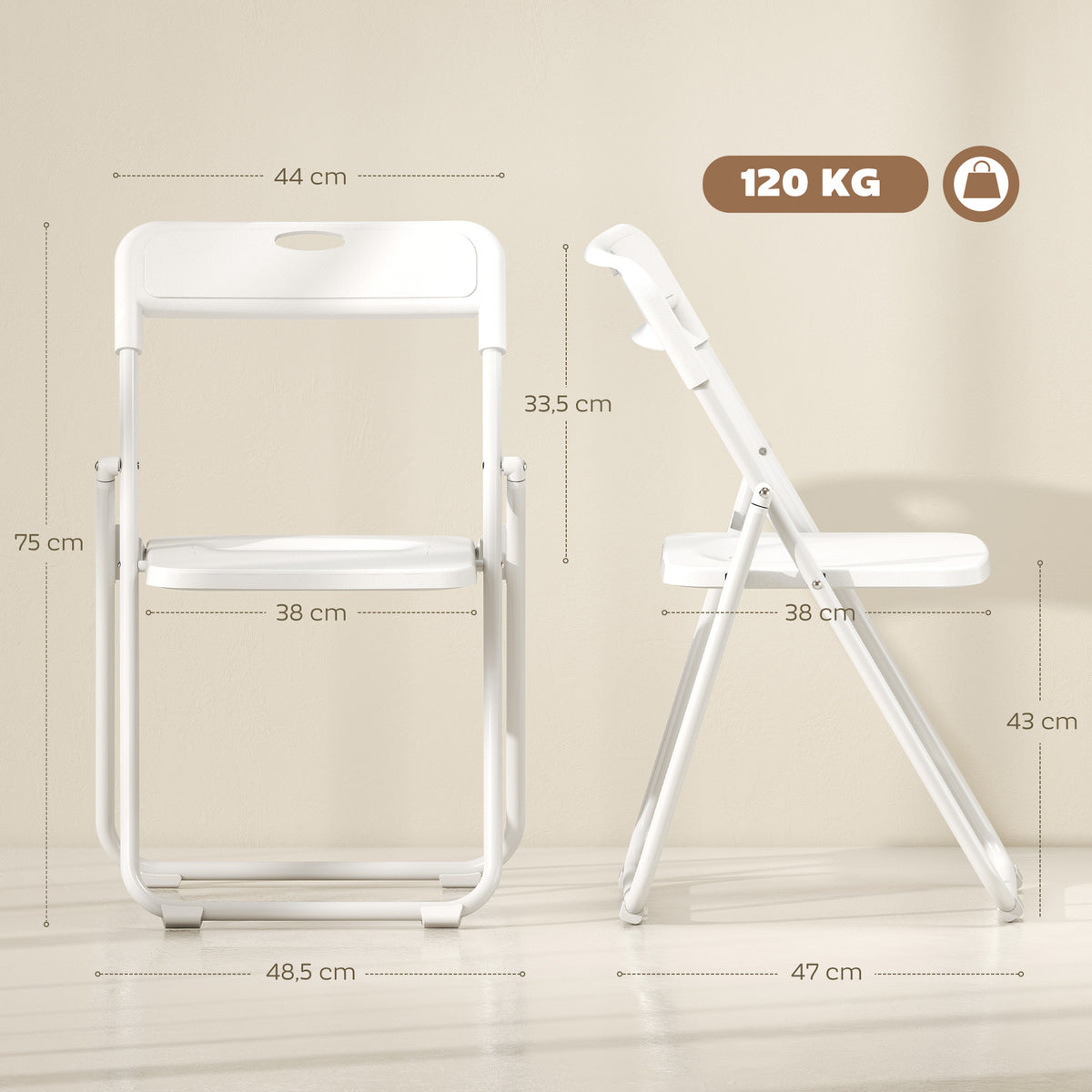 Lot de 6 chaises pliantes portables en plastique et acier, dossier incurvé, assise concave, 48,5 x 47 x 75 cm, blanc-2