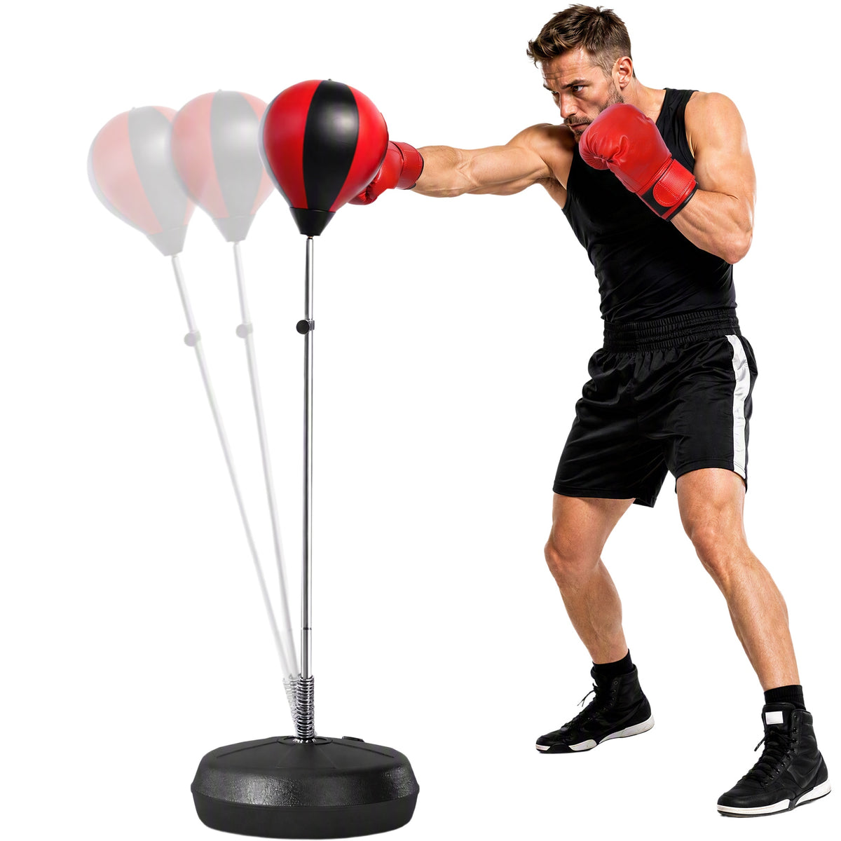 Sac de Frappe sur Pied Punching ball sur pied réglable en hauteur 126-144 cm avec gants, pompe et base de lestage pour adolescents et débutants noir et rouge-0