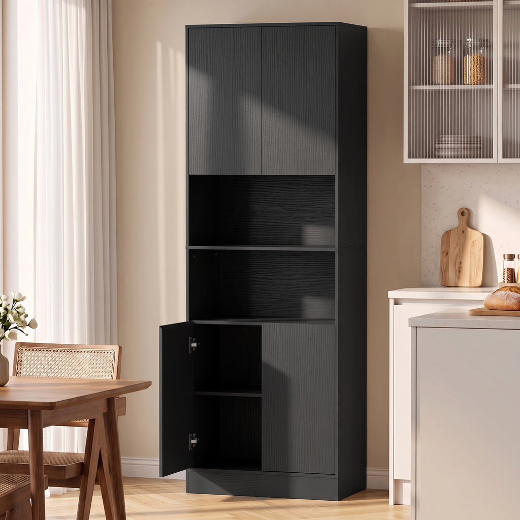Buffet Haut Cuisine, Armoire de Cuisine, 4 Portes à Fermeture Douce, 2 Compartiments Ouverts et Étagères Réglables, Noir-1