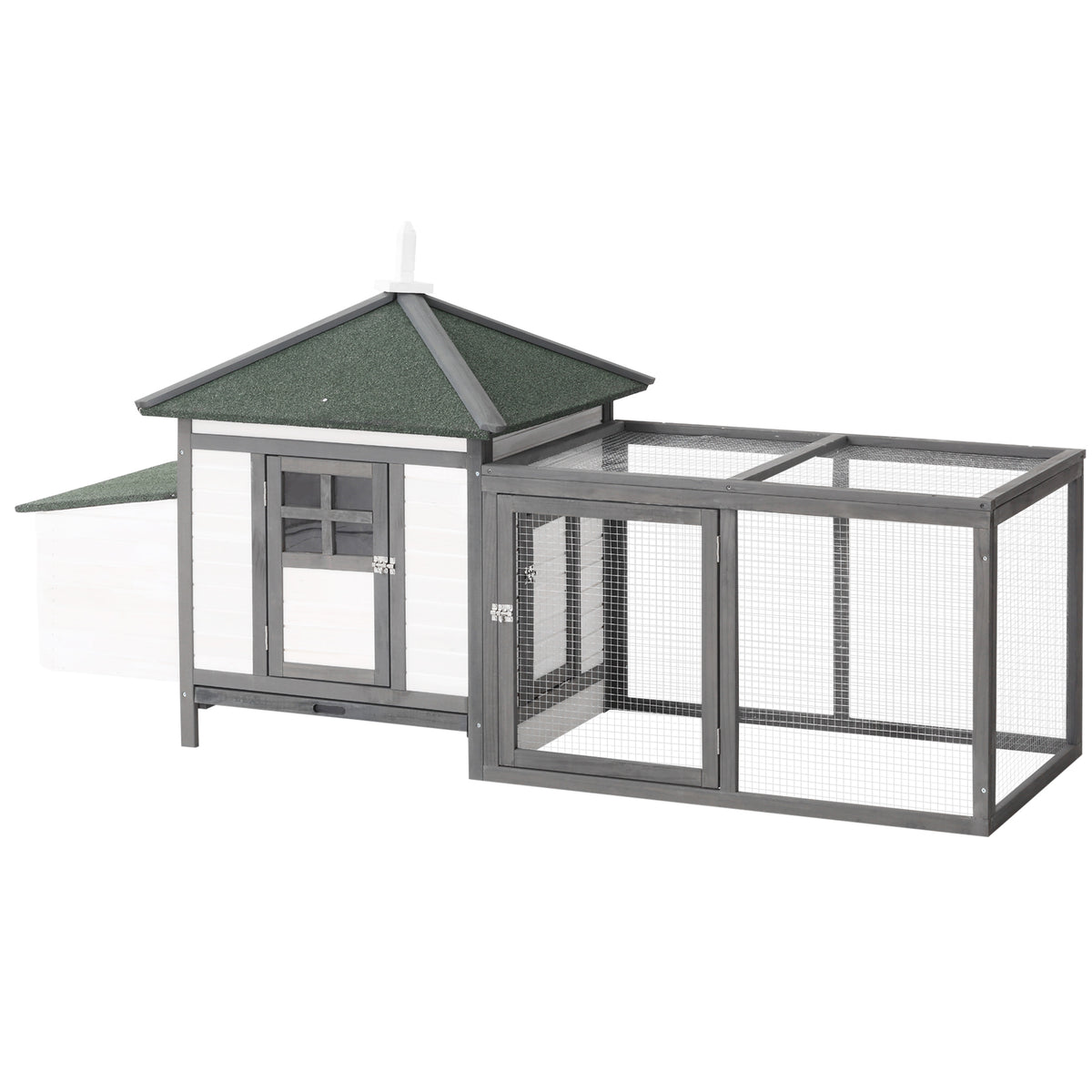 Poulailler cottage multi-équipement perchoir rampe pondoir enclos tiroir à déjection 196L x 76l x 97H cm bois massif pin gris blanc-0