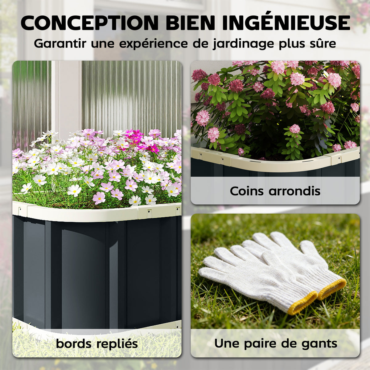 Jardinière surélevée en acier galvanisé, lit de jardin avec gants et bords pliés, 165 x 52 x 31 cm, gris foncé-3