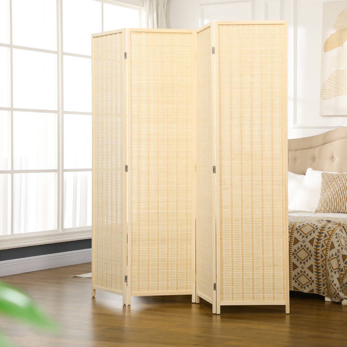 Paravent en bois séparateur de pièce closion de séparation pliable 4 panneaux 180 x 180 cm naturel-1