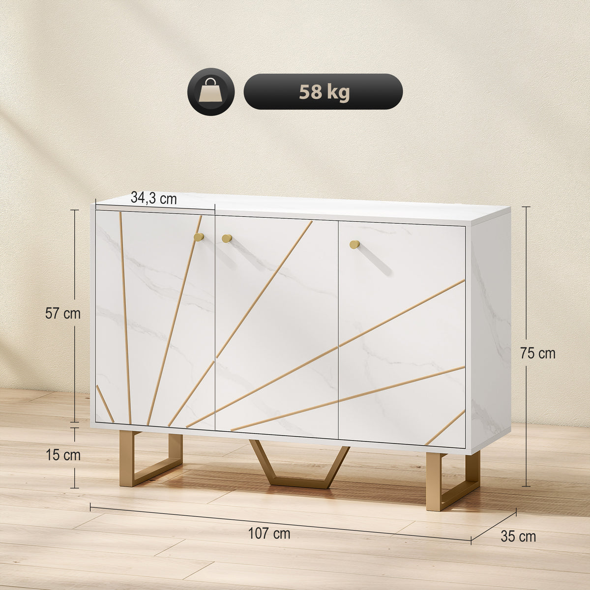 Meuble de rangement buffet salon avec 2 placards 3 portes et étagère réglable, pieds en métal, aspect marbre blanc-2