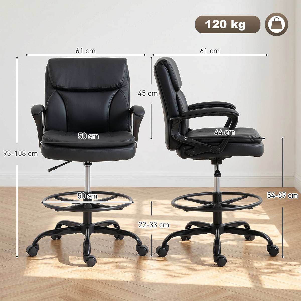 Chaise bureau ergonomique, chaise de dessin réglable en hauteur, repose-pieds réglable, 61 x 61 x 108 cm, noir-2