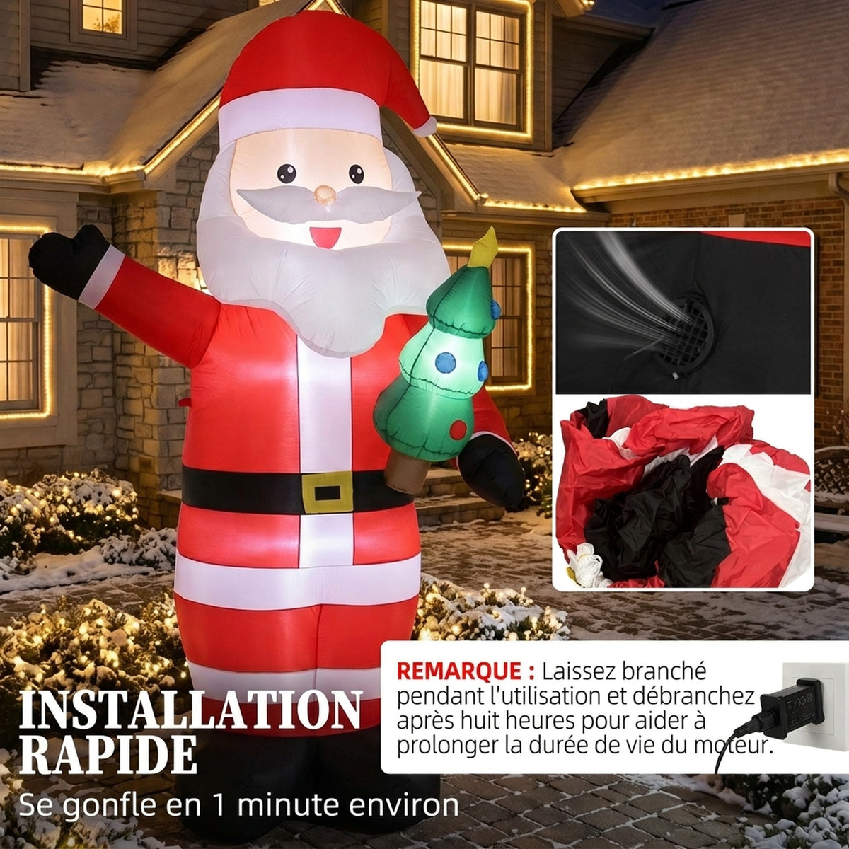 Père Noël Gonflable de 243 cm avec Lumières LED, Matériel Fixation et Souffleur, Intérieur et Extérieur, Rouge-4