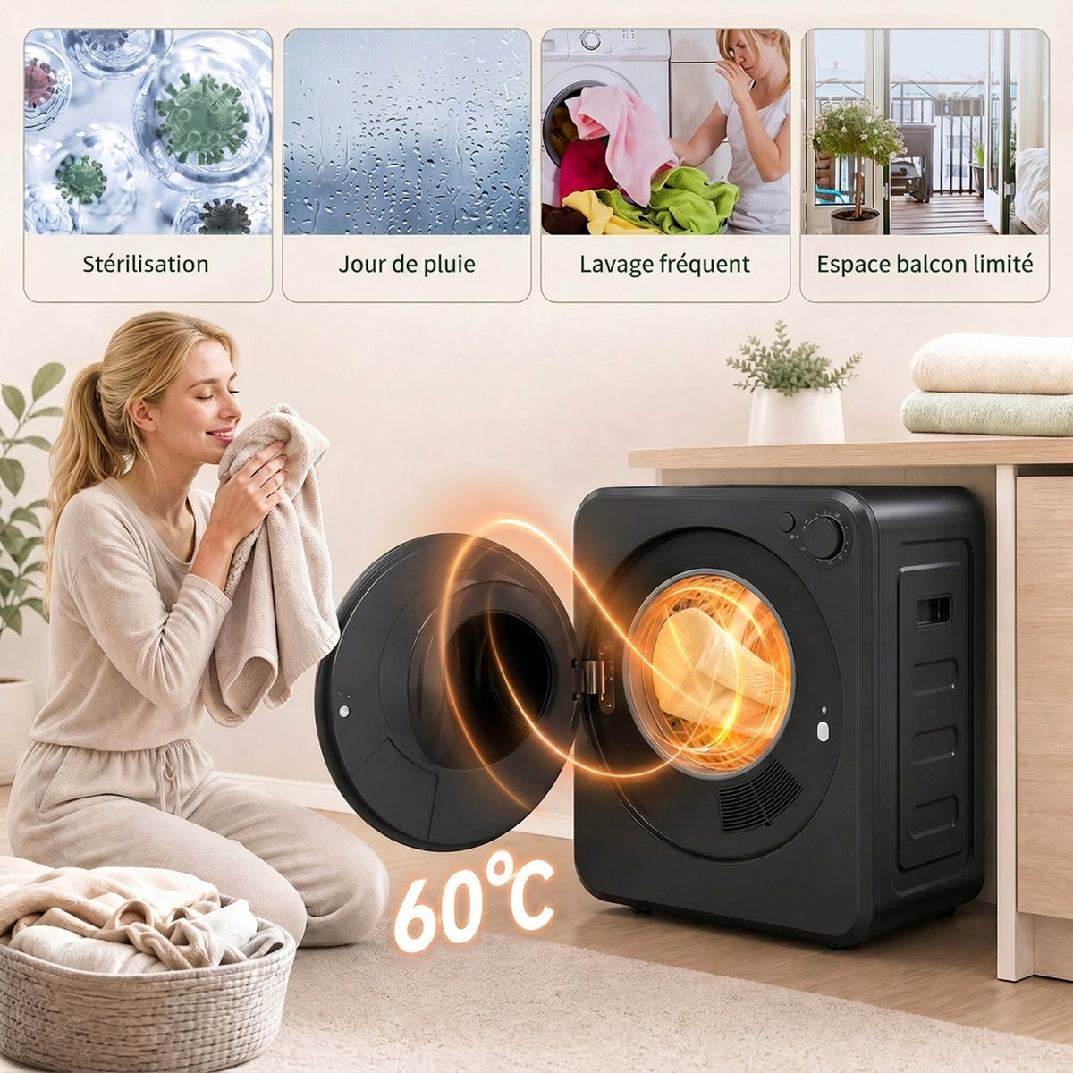 Sèche Linge à Évacuation Compact 2,5Kg, Sèche-Linge Électrique 400/800 W, 5 Modes de Séchage, Charge Frontale, Noir-5