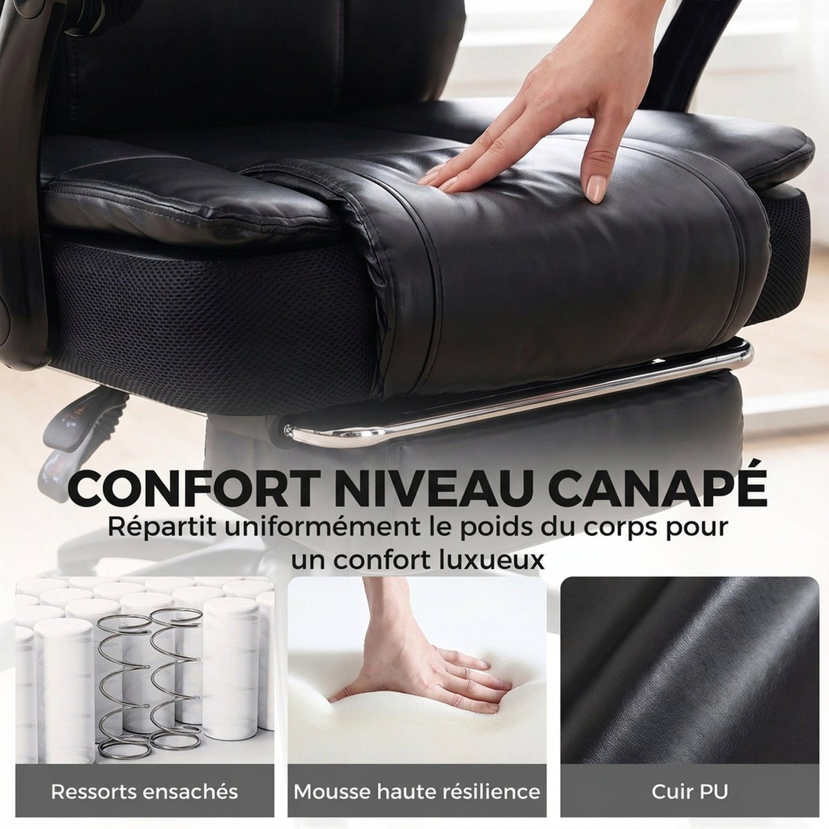 Fauteuil de Bureau Grande Taille, Chaise de Direction Ergonomique en PU 225 Kg, Appui-Tête Réglable, Noir-4