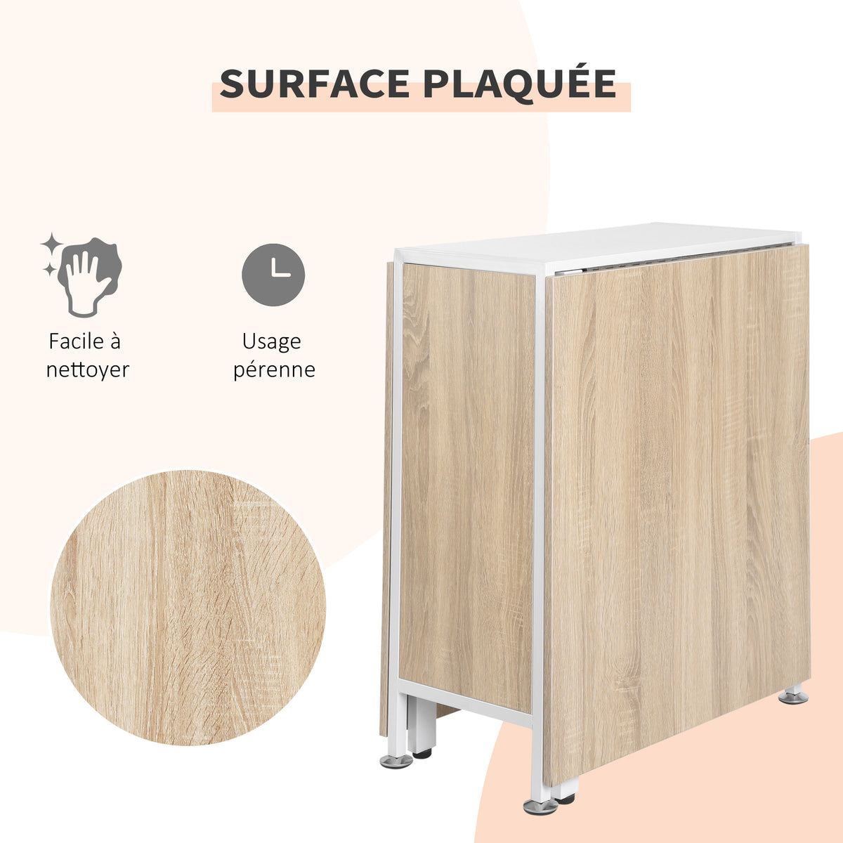 Table pliable de cuisine pour 4 personnes table à manger 4 niches intégrées pour petit espace dim. dépliées 169L x 62l x 75H cm MDF chêne clair acier blanc-3