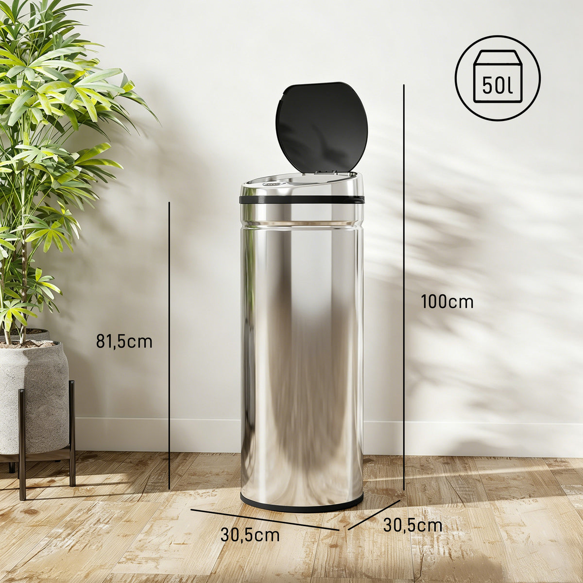 Poubelle à capteur de mouvement ouverture automatique 50 L en acier inoxydable noir et argent-2