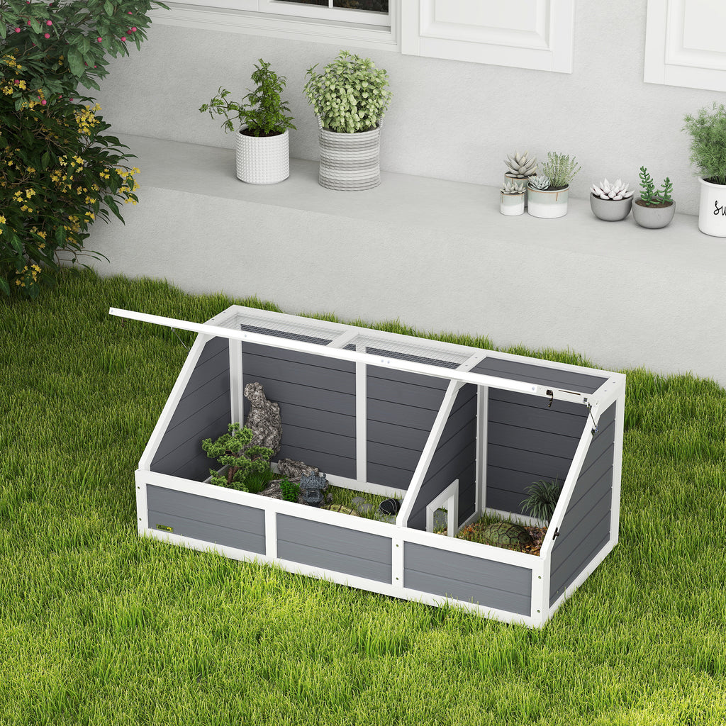Maison enclos cage pour petit animal tortue en bois avec couvercle ouvrable, loquets, 2 espaces distincts, gris-9