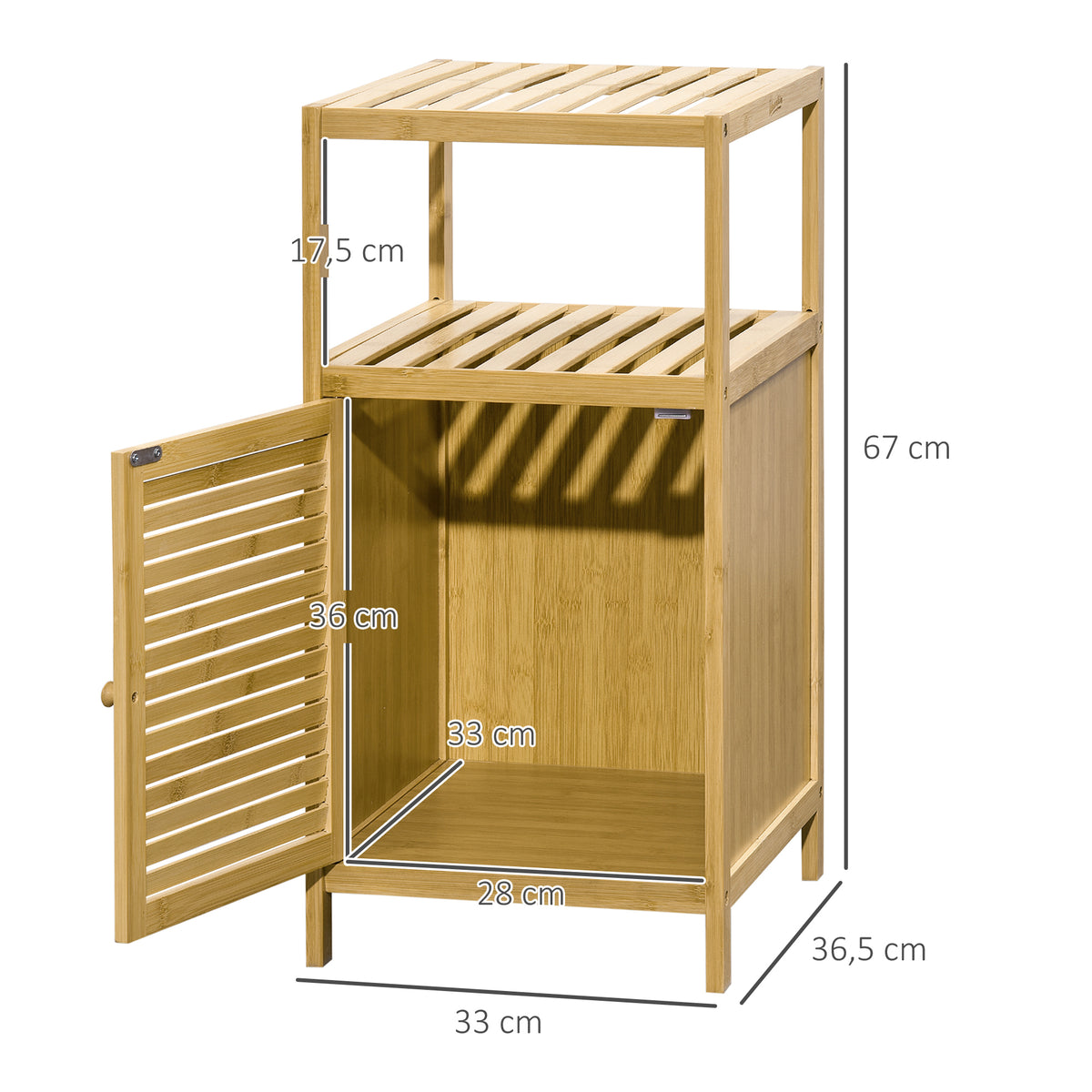 Meuble de rangement pour salle de bain en bambou 2 étagères et 1 placard avec porte 33 x 36,5 x 67 cm naturel-2
