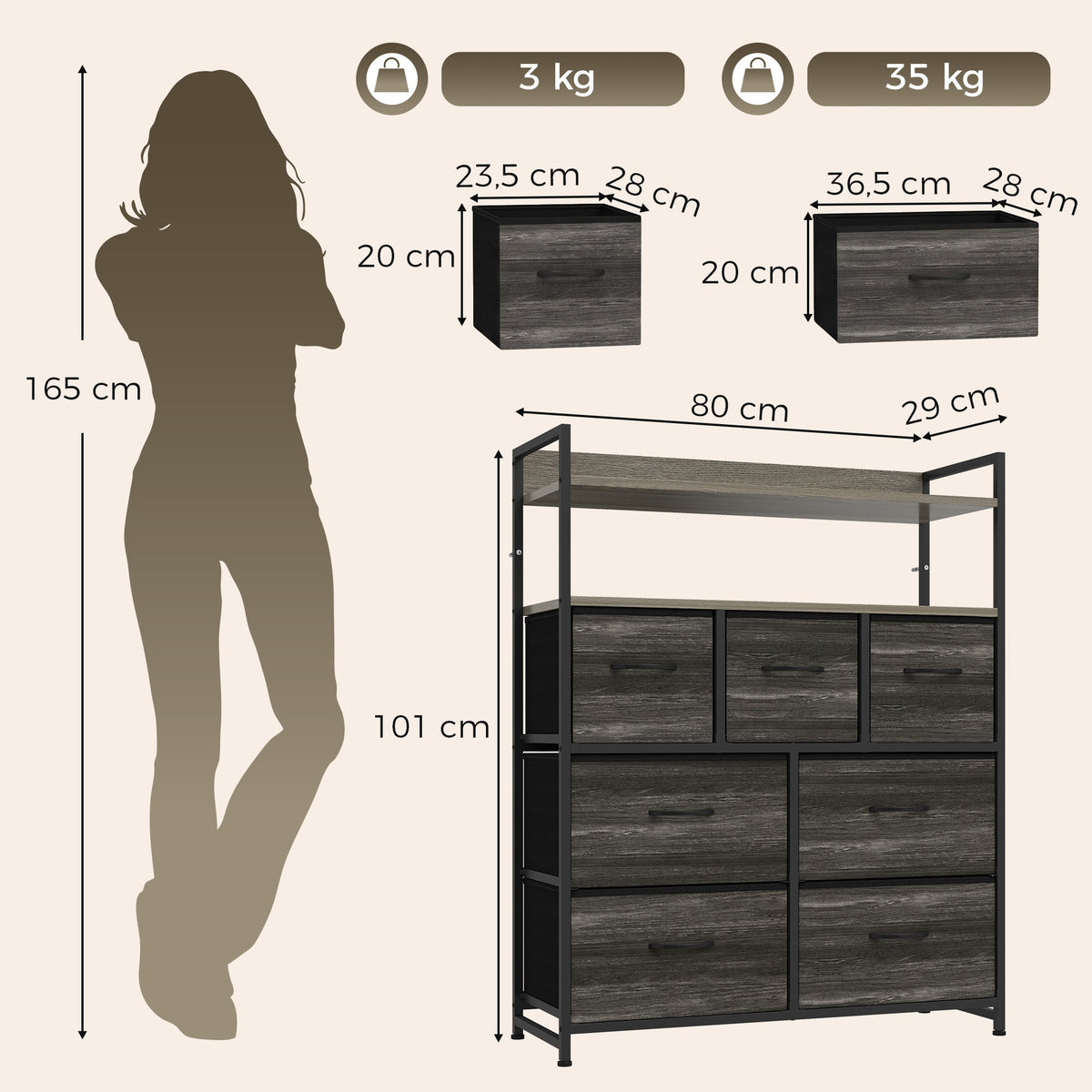 Meuble de rangement commode 7 tiroirs en tissu pliables et amovibles étagères ouvertes, gris-2