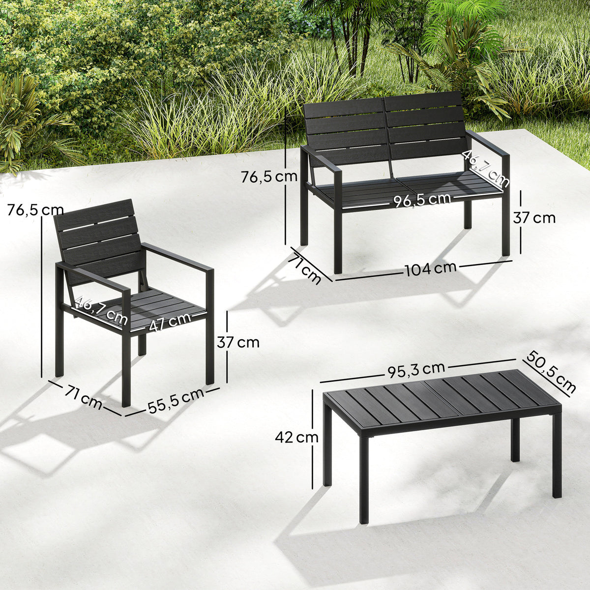 Salon de Jardin Extérieur 4 Pièces, Canapé 2 Places, 2 Chaises, Table Basse, Mobilier de Jardin en HDPE Effet Bois Noir-2