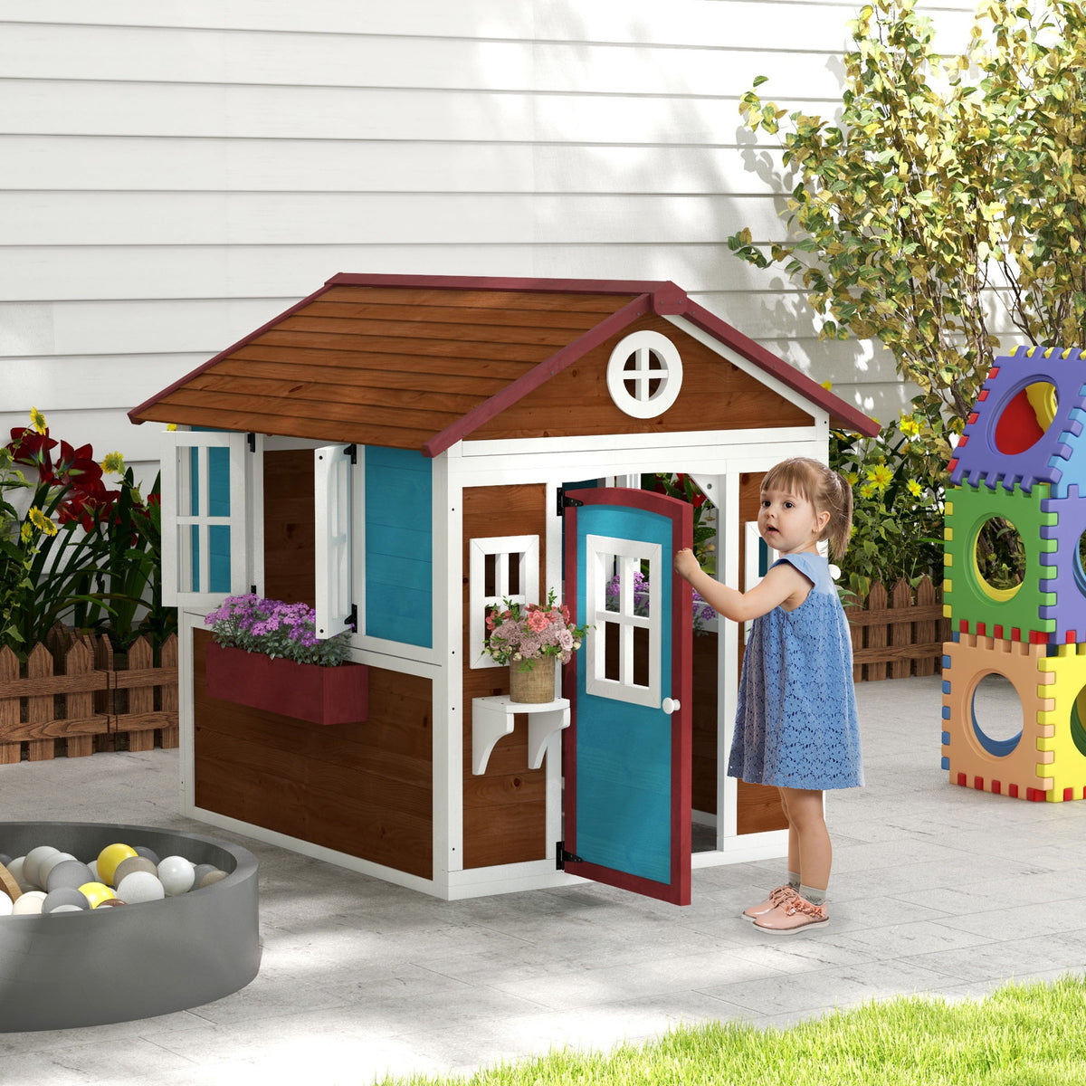 Cabane enfant extérieur maison enfant extérieure avec porte fenêtres et jardinières 114 x 126,4 x 135 cm Marron-1