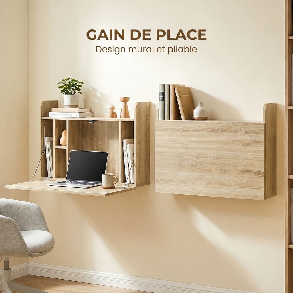 Bureau suspendu table murale table d'ordinateur murale et tablette rabattable avec rangements - 77 x 20 x 51 cm-3