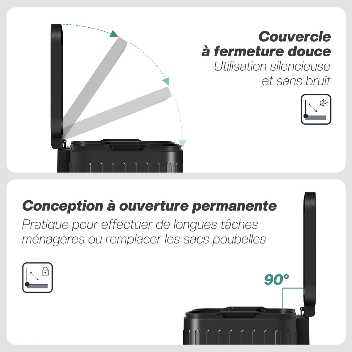 Poubelle à double compartiment 2 x 20L, poubelle de cuisine à pédale, seaux intérieurs amovibles, 45,5x36,5x51cm, noir-4