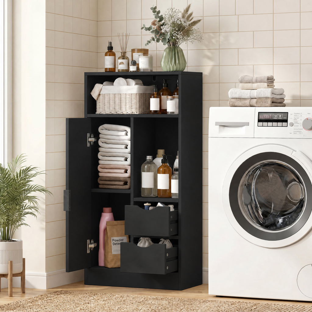 Meuble de salle de bain, meuble de rangement étroit avec 2 tiroirs, compartiments ouverts, 50x25x100cm, noir-8