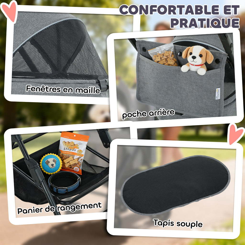Poussette pour Chien Pousse-Chien 3 en 1 Détachable Pliable Nacelle Amovible et Sans Fermeture Éclair Suspension Gris-7