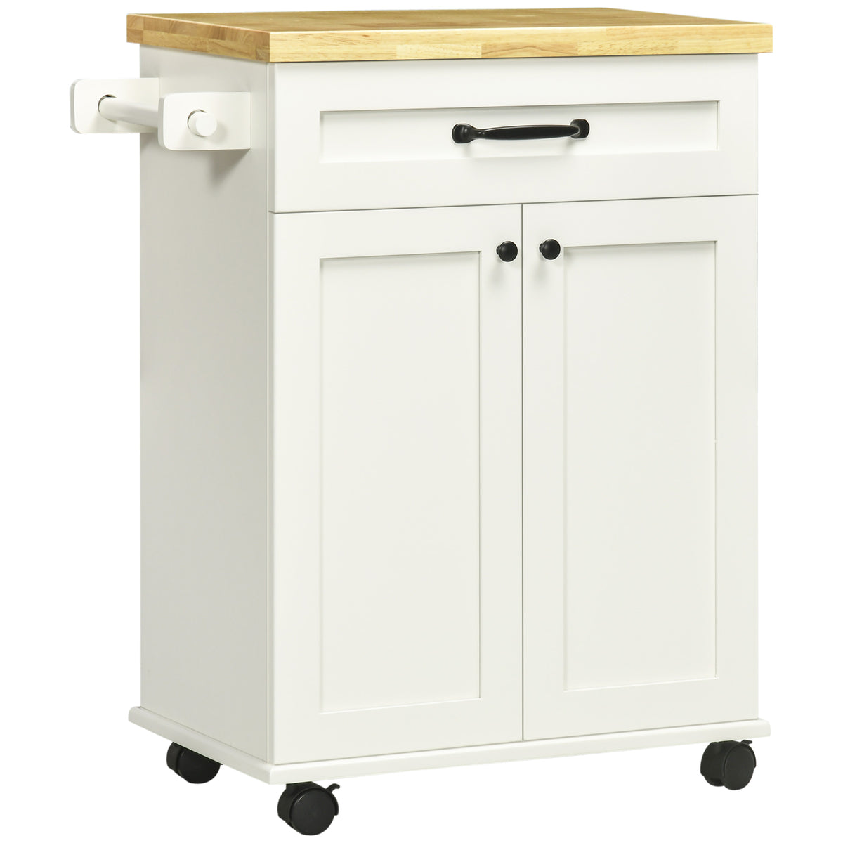 Desserte de cuisine à roulettes multi-rangements 1 tiroir 1 placard 1 portes-torchons blanc et plateau en bois-0