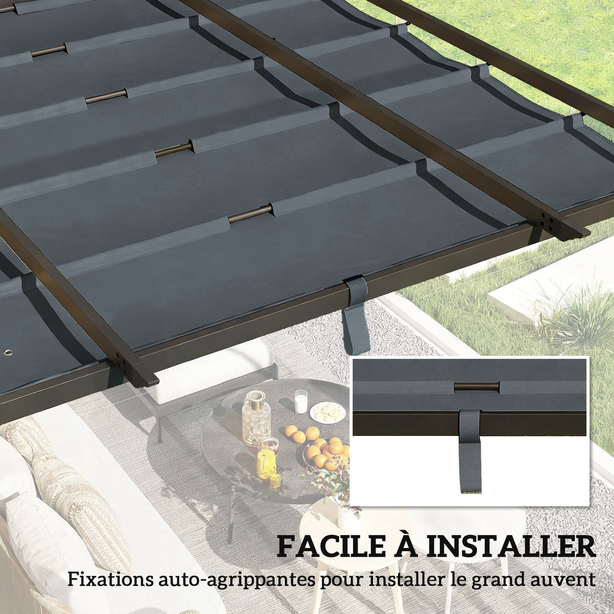 Toile de Toit pour pergola Bâche pour Pergola rétractable de 3 x 3 m, Polyester 180g/m³, Anti-UV 30+, Gris foncé-4