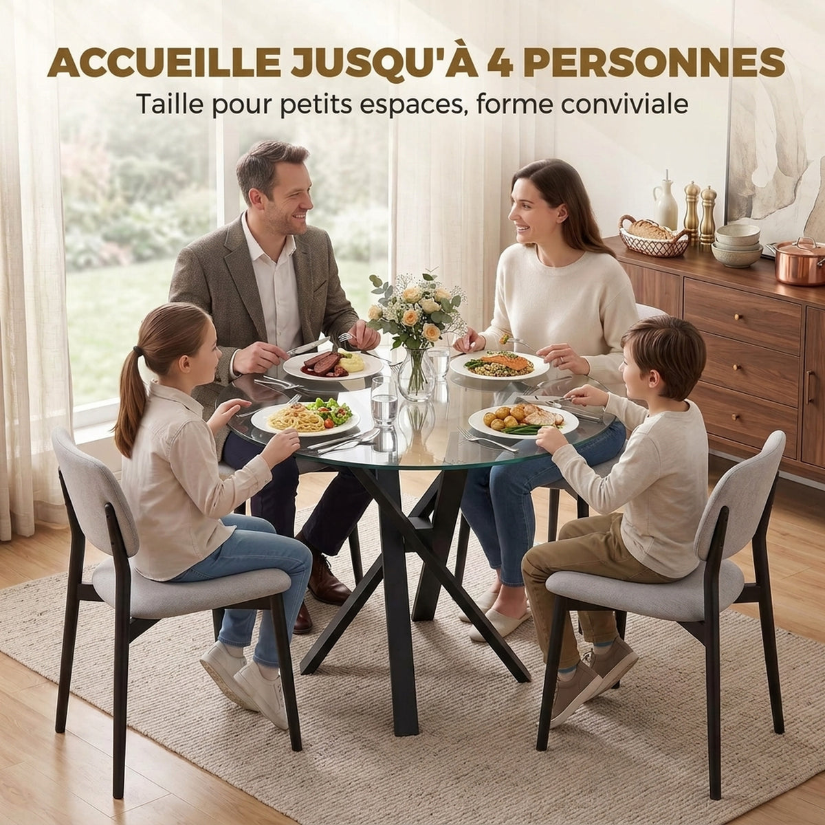 Table à Manger Ronde pour 4 Personnes, Ø 80 x 75 cm, Table de Cuisine, Plateau en Verre Trempé, Transparent-3