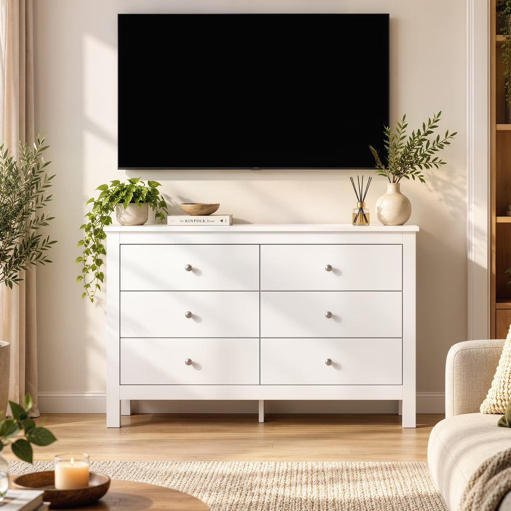 Commode 6 Tiroirs, Meuble de Rangement avec Glissières Fluides, Chiffonnier, Style Moderne, 118 x 39,5 x 75,5 cm, Blanc-6