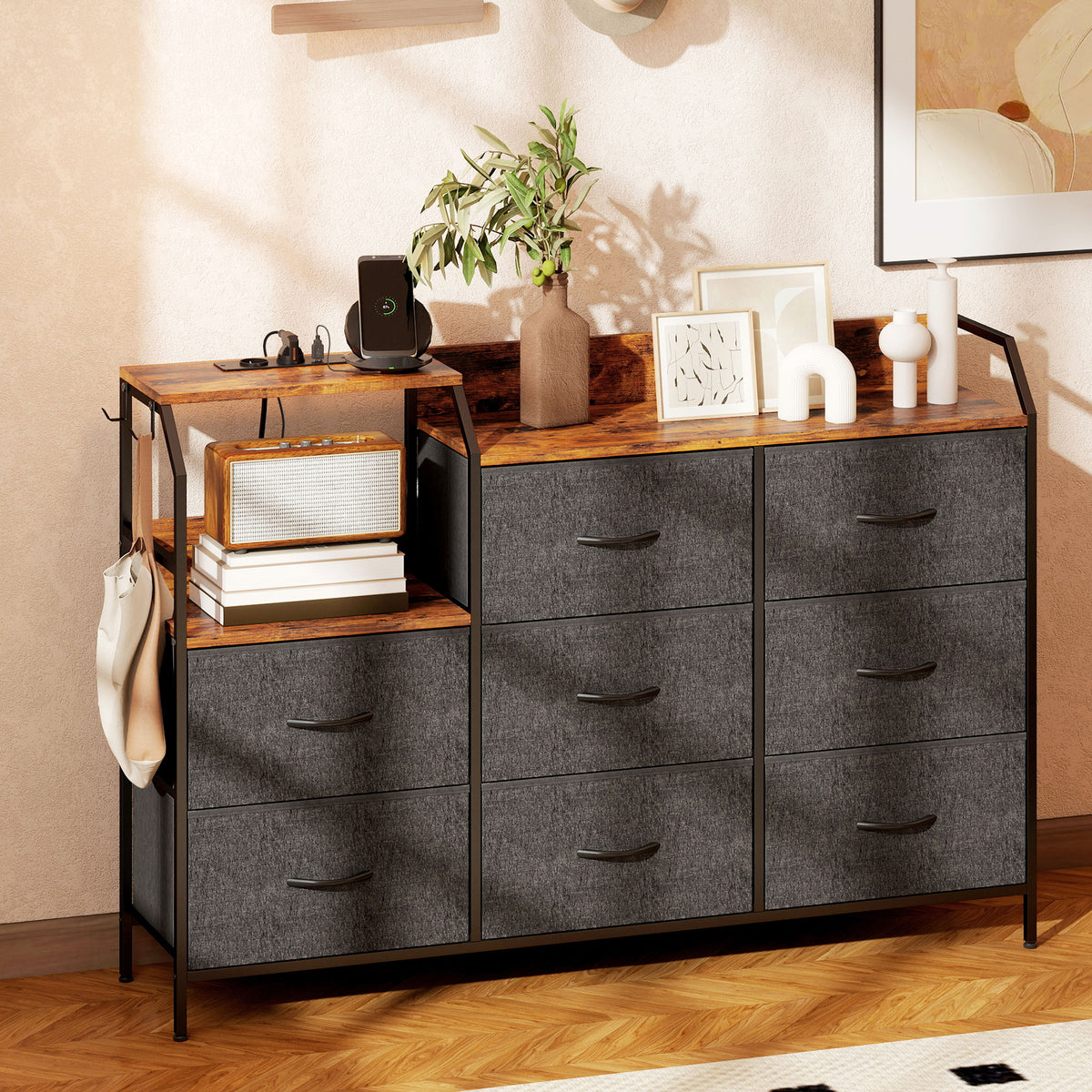Commode, meuble de rangement avec station de recharge, 8 tiroirs en tissu, étagère ouverte, 130,5x30x88cm, marron-1