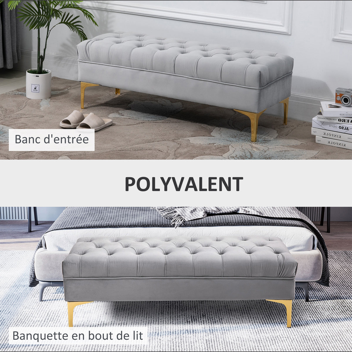Banc banquette capitonnée bout de lit style classique chic dim. 118L x 45l x 42H cm piètement métal doré velours gris clair-3