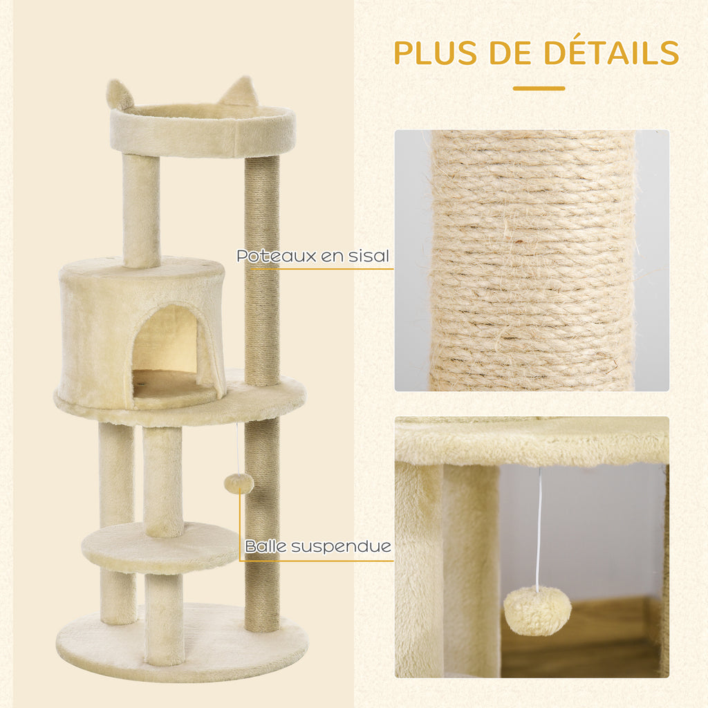 Arbre à chats multi-équipements griffoirs grattoirs plateformes niche jeu boule suspendue Ø 48 x 104H cm crème-4