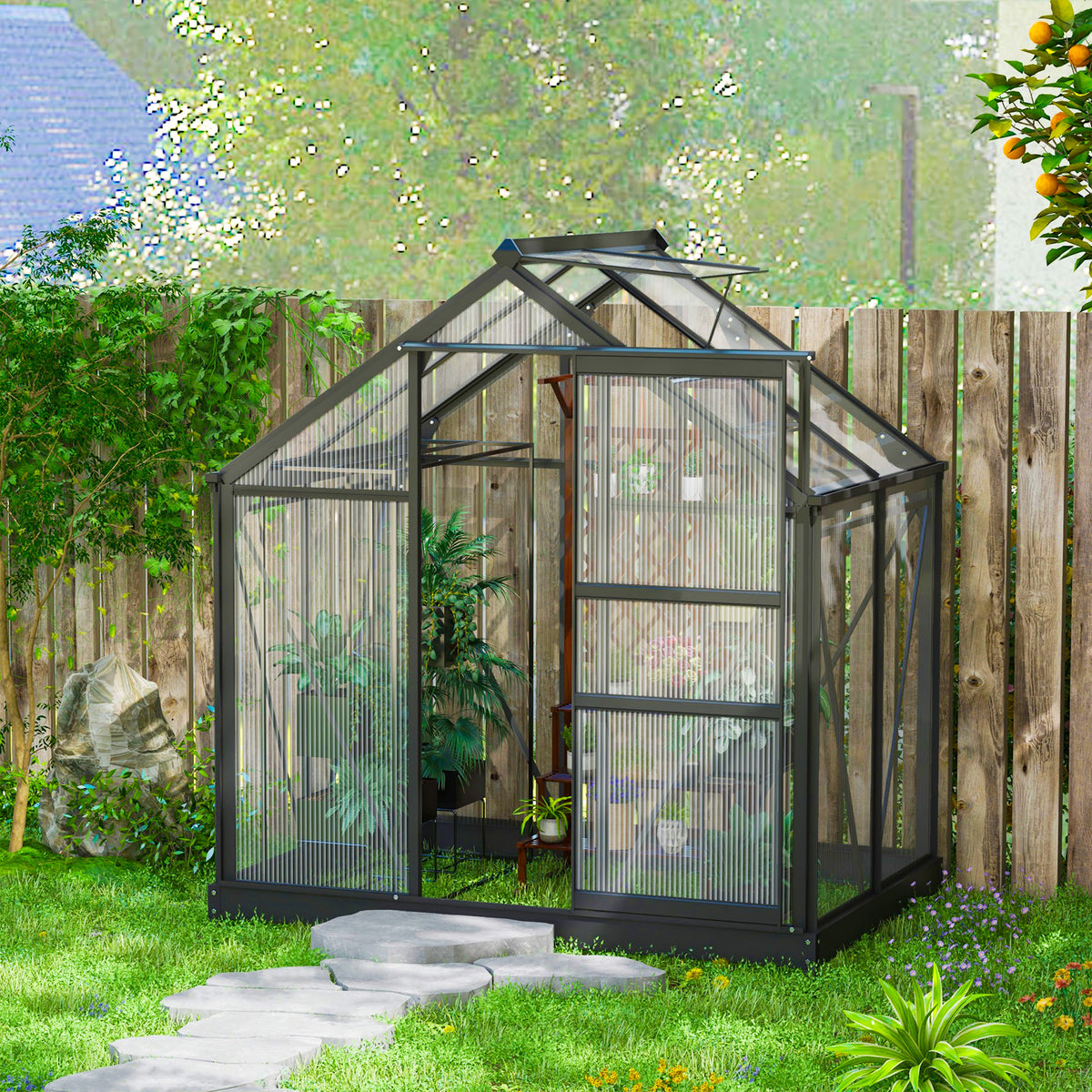Serre de jardin polycarbonate 190 x 132 x 201 cm résistant aux UV 30+ fondation renforcé gouttière gris-8