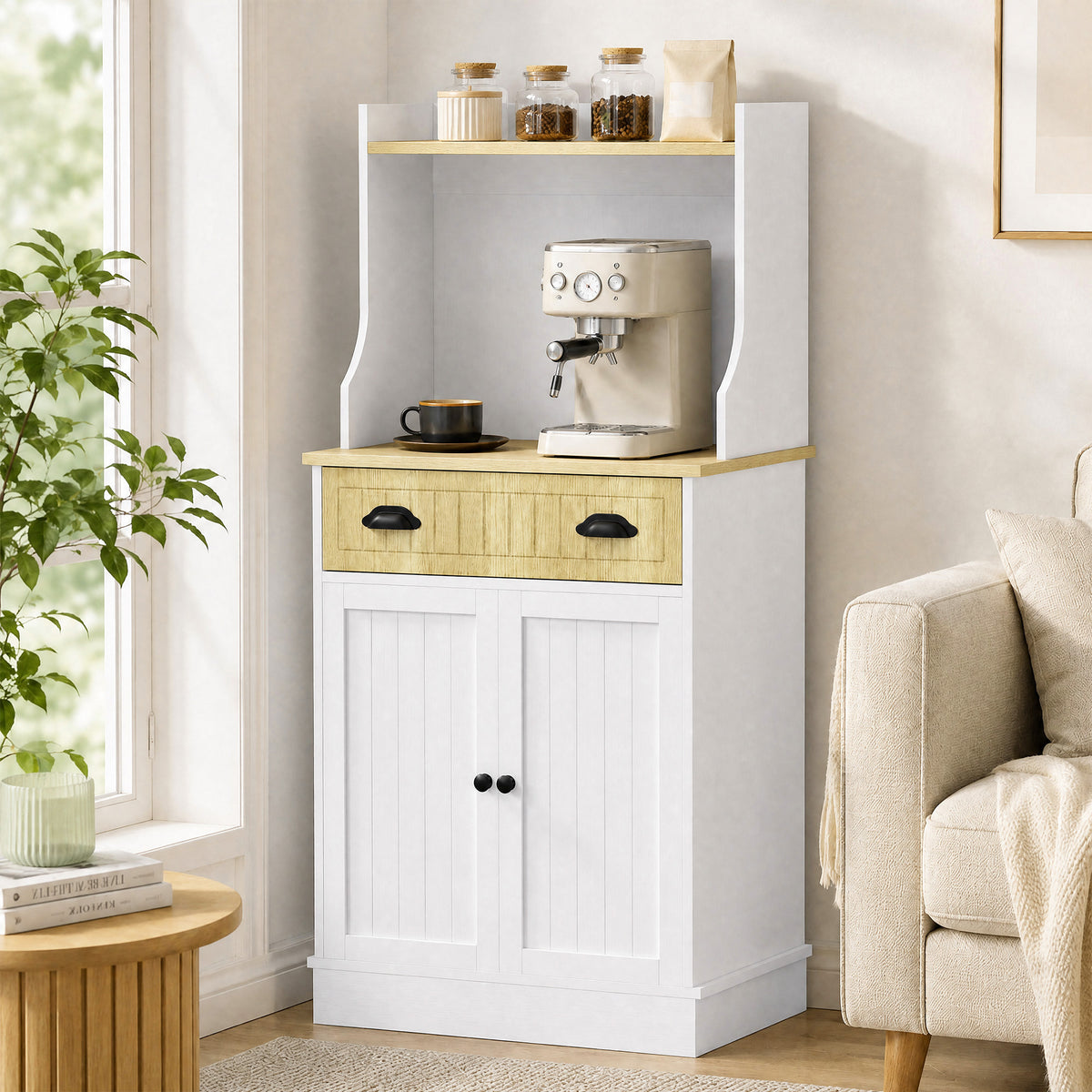 Meuble armoire micro-ondes pour cuisine avec espace ouvert 1 tiroir et placard 2 portes 61 x 35 x 125,4 cm chêne-4