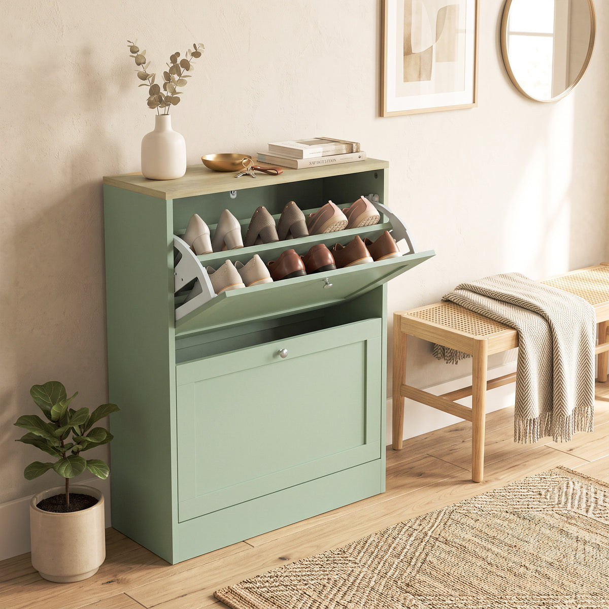 Meuble à Chaussures 12 Paires, Armoire à Chaussures Étroite avec 2 Tiroirs, Étagères Réglables, 60 x 23,5 x 80 cm, Vert-9