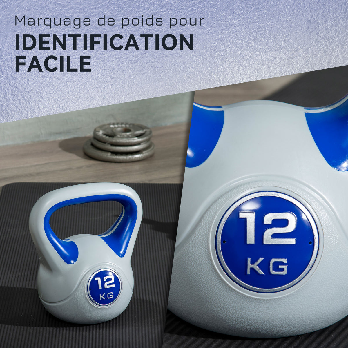 Kettlebell 12 kg, haltère avec poignée ergonomique, haltère à boule, musculation, entraînement, 26 x 17 x 29 cm, bleu-4