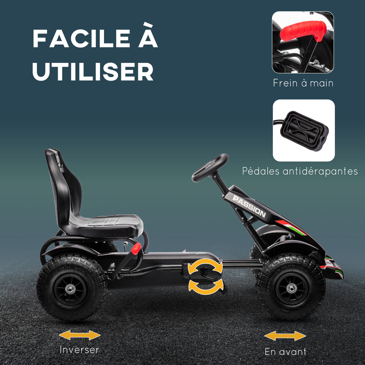 Kart à pédales pour enfant siège réglable 3 positions frein à main enfant de 5 à 12 ans noir-4