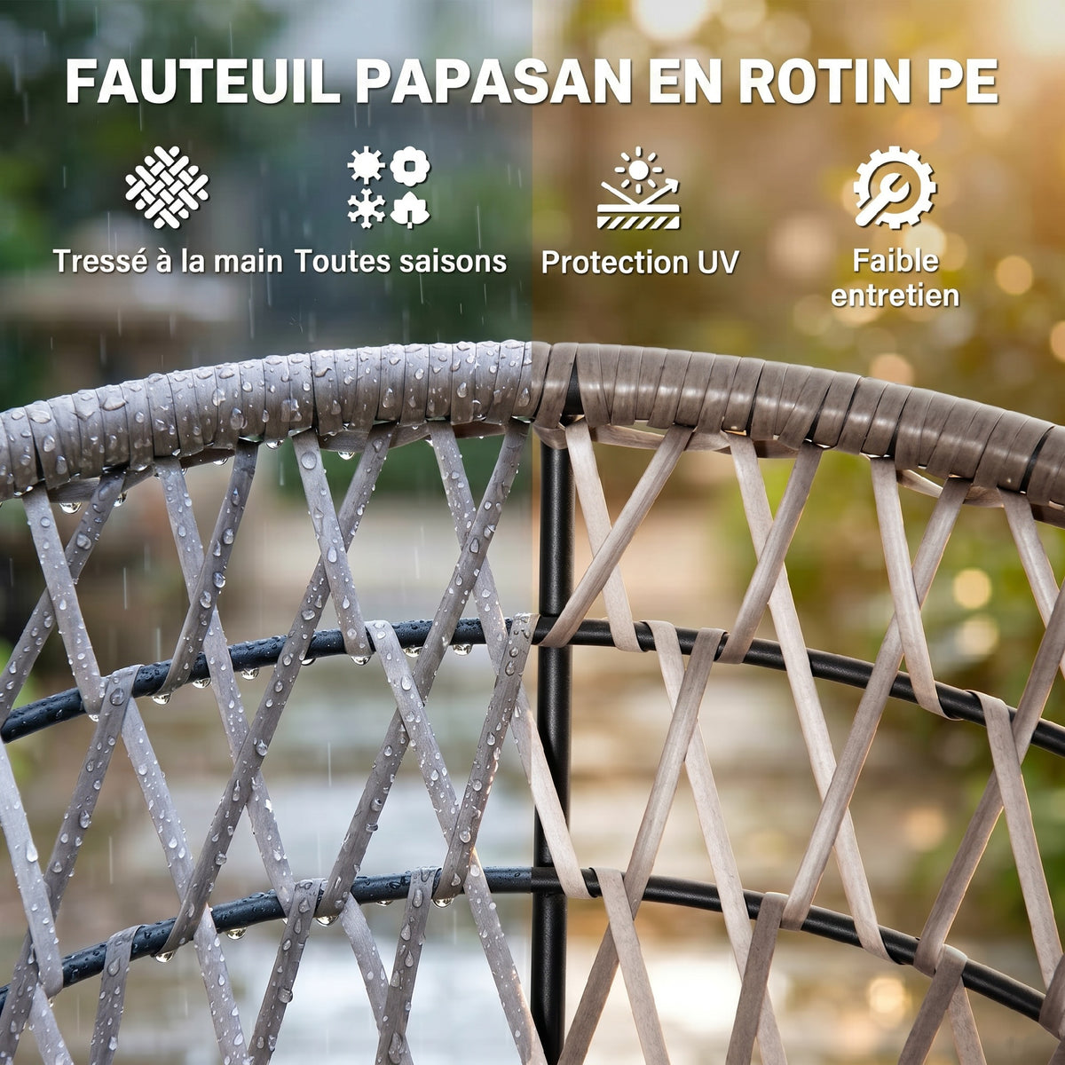 Fauteuil rond de jardin fauteuil papasan pivotant Ø 97 x 90H cm grand coussin fourni polyester résine tressée-4