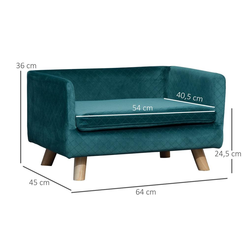 Canapé chien lit pour chien design scandinave coussin moelleux pieds bois massif dim. 64 x 45 x 36 cm velours bleu canard-2