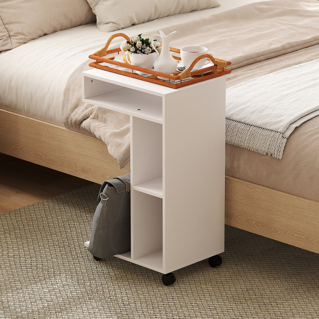Table d'appoint en forme de C avec roulettes, avec 3 compartiments et 1 étagère ouverte, 40 x 30 x 69 cm, blanc-7