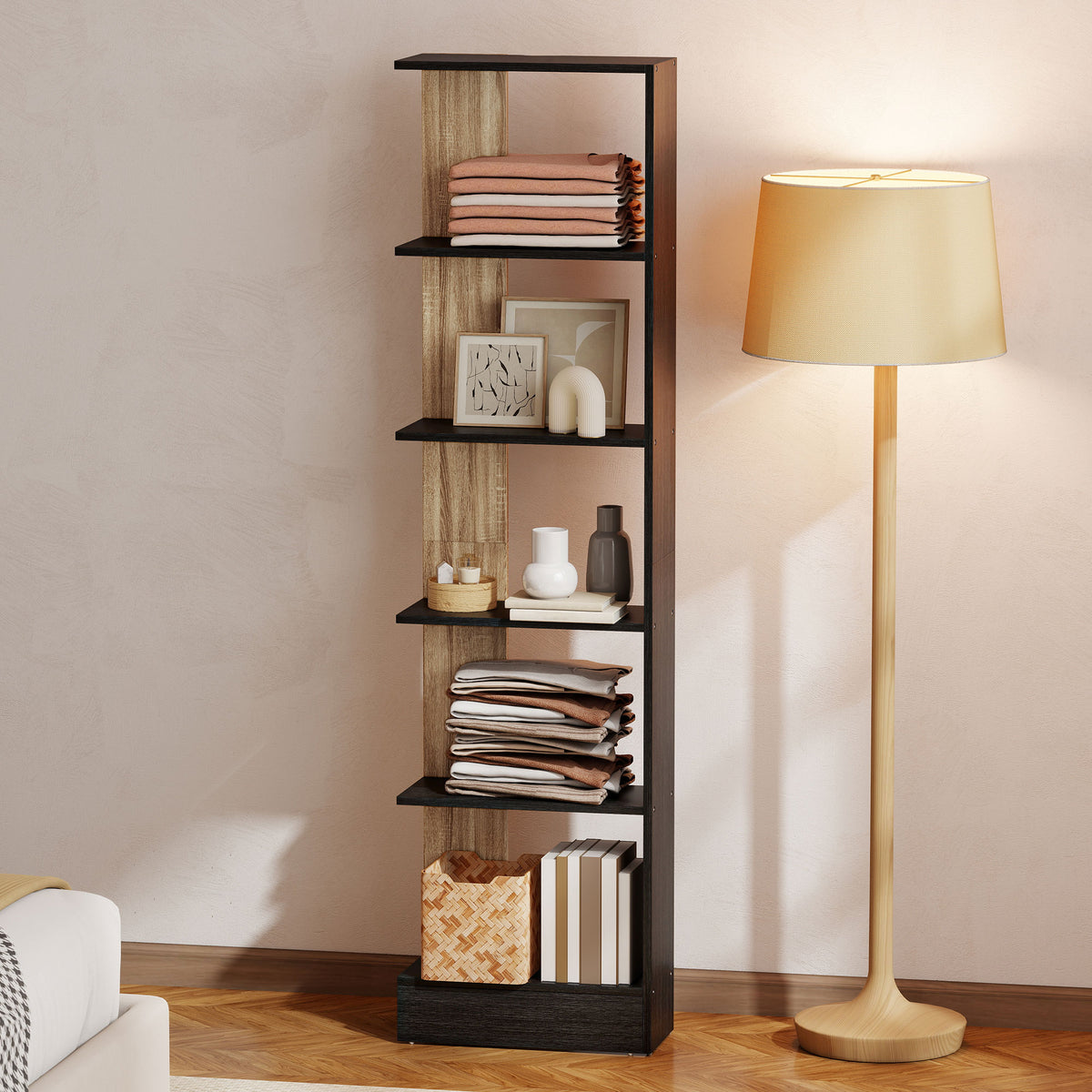 Bibliothèque Étagère de Rangement avec 5 Compartiments Ouverts 45 x 21 x 170 cm Noir et Chêne-7