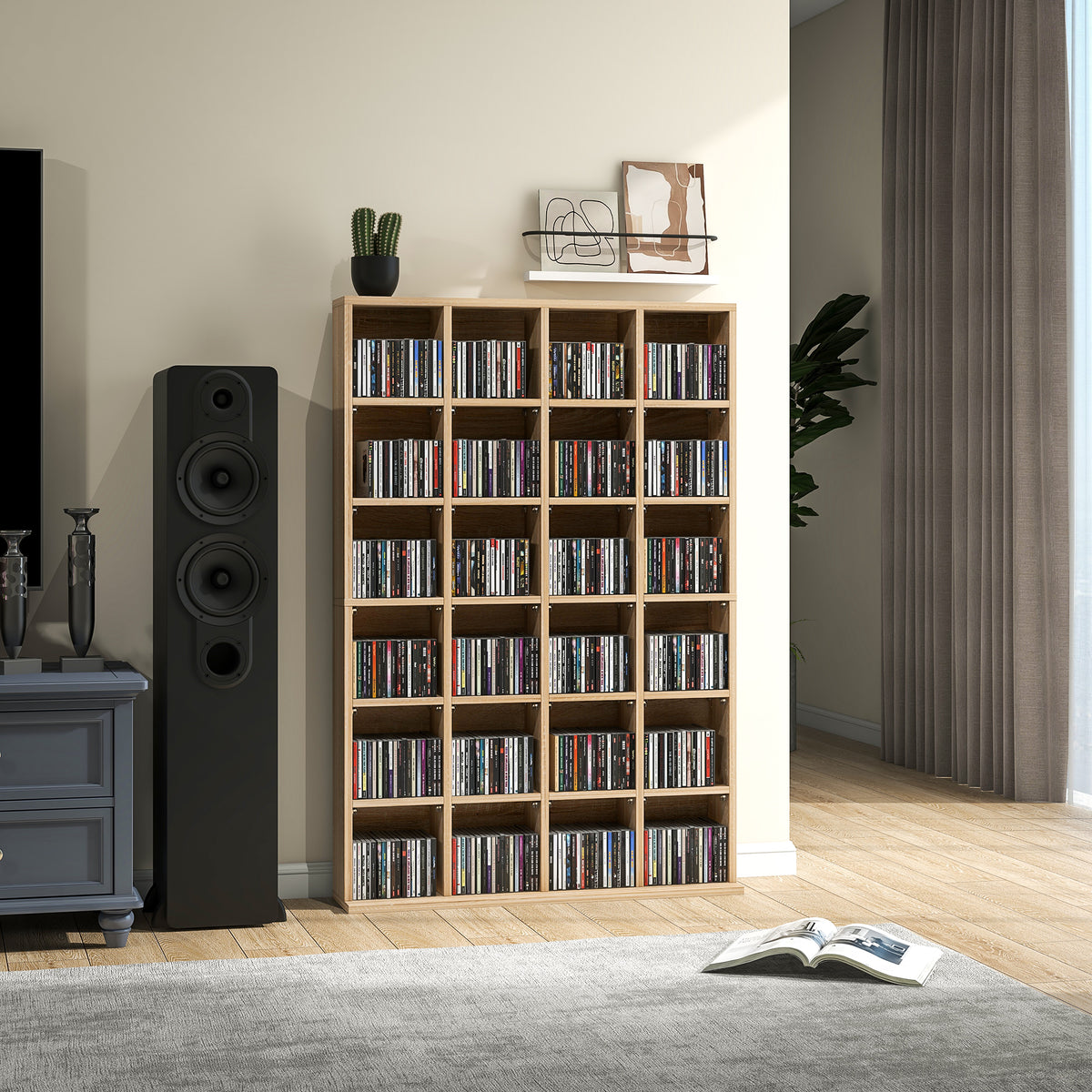 Meuble de rangement multimédia 456 CD/ 336 DVD - bibliothèque en bois avec étagères réglables 89 x 130,5 cm bois naturel-1